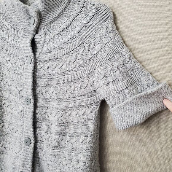Coldwater Creek Wool Blend Gray Cable Knit Sequined Button-Up Cardigan Sweater L - Picture 2 of 7